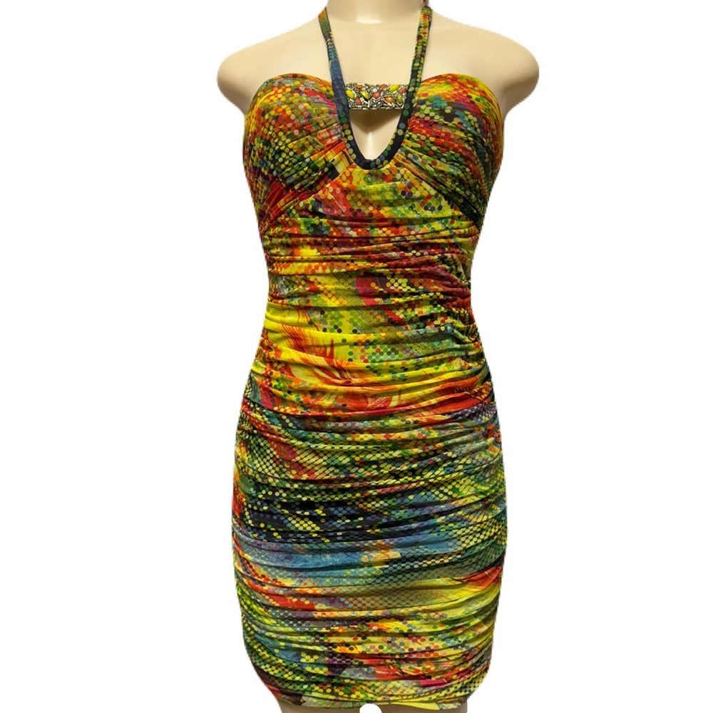 Alberto Makali Multicolor Beaded Halter Bodycon Dress - M